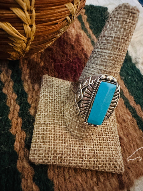Old Pawn Handcrafted Turquoise & Sterling Silver Ring Size 10.5