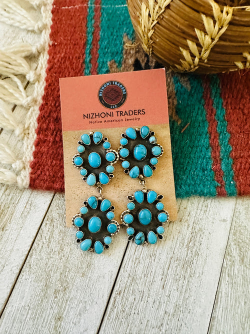 Navajo Sterling Silver & Sleeping Beauty Turquoise Cluster Dangle Earrings by Eula Wylie