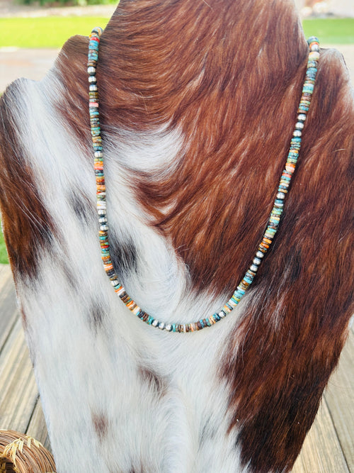 Handcrafted Turquoise, Spiny Oyster & Sterling Silver Beaded Necklace