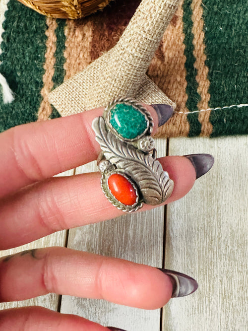 Old Pawn Handcrafted Turquoise, Coral & Sterling Silver Ring Size 6