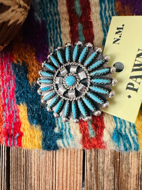 Old Pawn Handcrafted Turquoise and Sterling Silver Cluster Brooch/ Pendant
