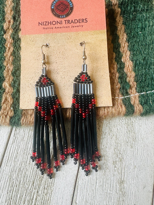 Navajo Black & Red Multicolor Beaded Dangle Earrings