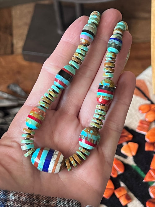 Ronald Chavez Handcrafted Turquoise Heishi Beaded Santo Domingo Necklace with Layered Bead Accents