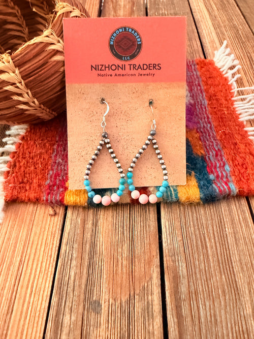 Handcrafted Pink Conch, Turquoise & Sterling Silver Pearl Beaded Dangle Hoop Earrings