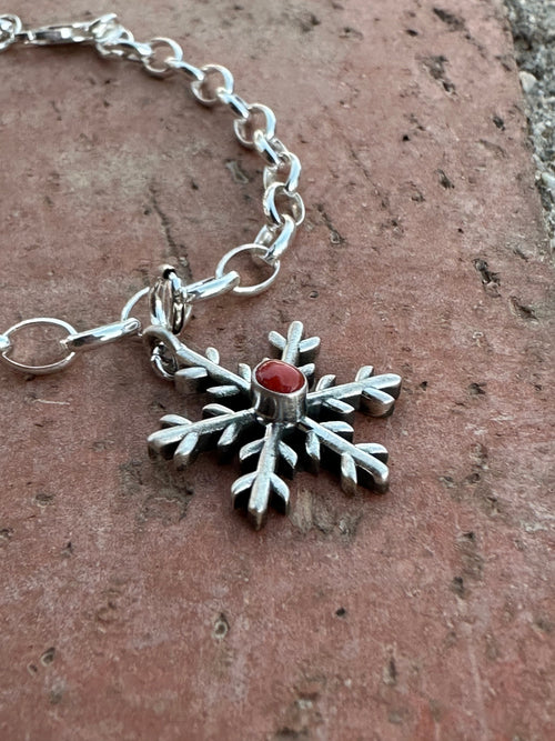 Handmade Sterling Silver and Coral CHRISTMAS SPIKY SNOWFLAKE Charm