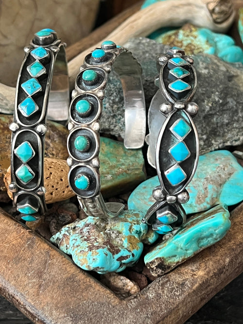 Vintage Zuni Sterling Silver and Three Diamond Turquoise Panel Stacker Cuff Bracelet