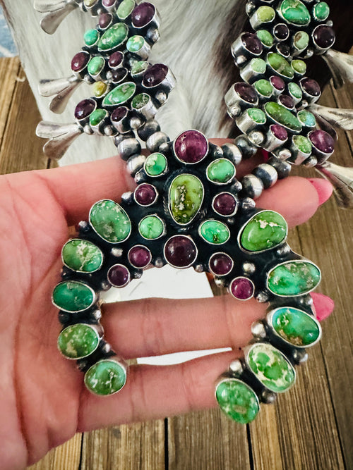 Handcrafted Sterling Silver, Turquoise & Spiny Oyster Squash Blossom Necklace Set by Louise Jim