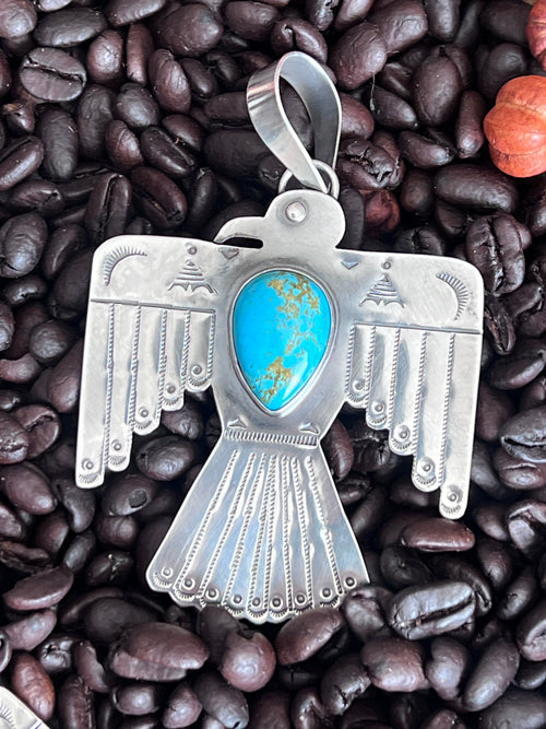 Kimari Somers Hand Stamped Sterling Silver & Kingman Turquoise Thunderbird Pendant 2
