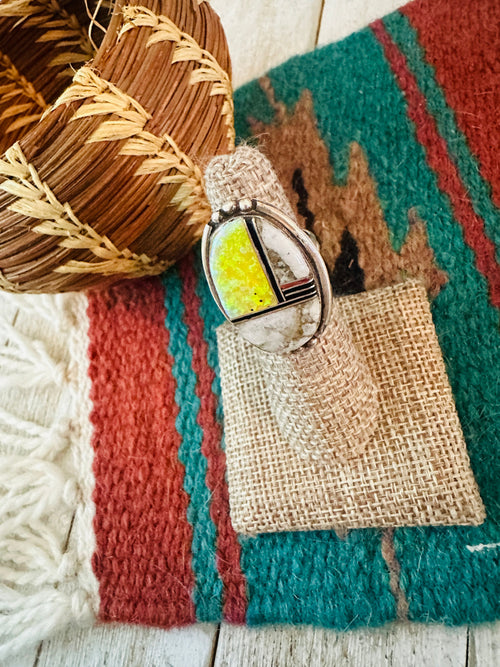 Old Pawn Handcrafted Multi Stone & Sterling Silver Inlay Ring Size 5.5