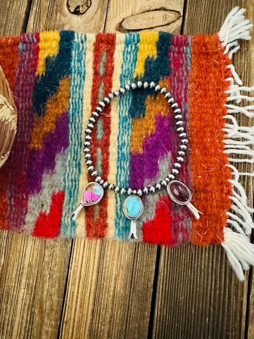 Handcrafted 3mm Sterling Silver Pearl & Multi Stone Blossom Stretch Bracelet