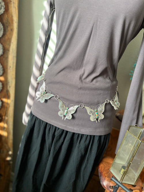 Lee Charley Handcrafted Sterling Silver and Turquoise Butterfly Lover’s Link Necklace, Belt or Hat Adornment