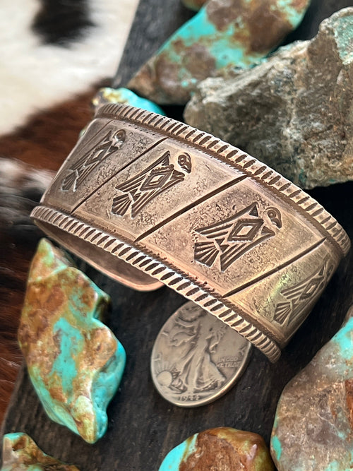 Hand Forged Old Pawn Sterling Silver Ingot Cuff Bracelet by Santa Fe Artist, Buffalo: The Birds