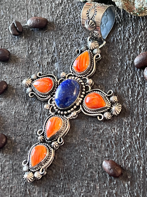 Rosella Paxson Sterling Silver, Lapis & Spiny Oyster Cross Pendant