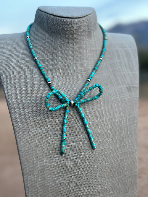 Navajo Made Sterling Silver & Turquoise  Pearl Beaded Bow Tie  Necklace 18 inches