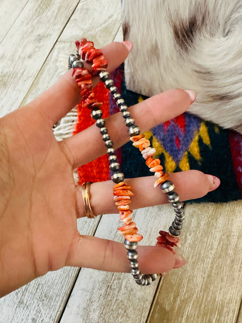 Navajo Sterling Silver & Spiny Oyster Beaded 20” Necklace