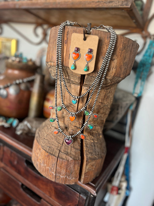 Navajo Made Sterling Silver Electric Rainbow Triple Layer Beaded Drop & Heart Necklace by Loretta Delgarito
