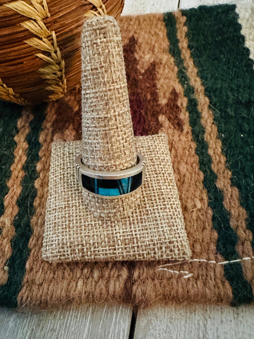 Old Pawn Handcrafted Onyx, Turquoise & Sterling Silver Inlay Ring Size 12