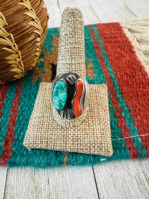 Old Pawn Navajo Sterling Silver, Turquoise & Coral Ring Size 11.75