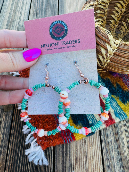 Handcrafted Queen Pink Conch, Turquoise & Copper Beaded Dangle Hoop Earrings