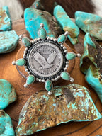 Rosella Paxson Sterling Silver, Liberty Quarter and Hubei Turquoise Cluster Ring, Size 7.25