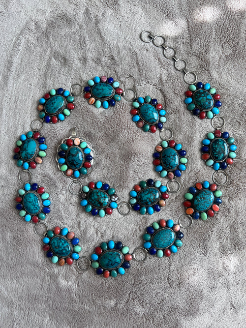 Stunning Estate Collection Handcrafted Sterling Silver and Multistone Cluster Link Concho Belt by Robert Shakey