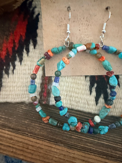 Handcrafted Multi Stone Beaded Dangle Hoop Earrings