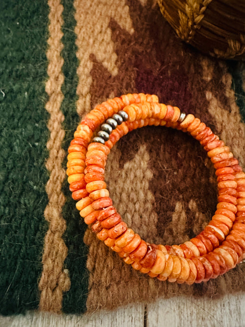 Navajo Orange Spiny Oyster Shell & Sterling Silver Pearl Beaded Wrap Bracelet