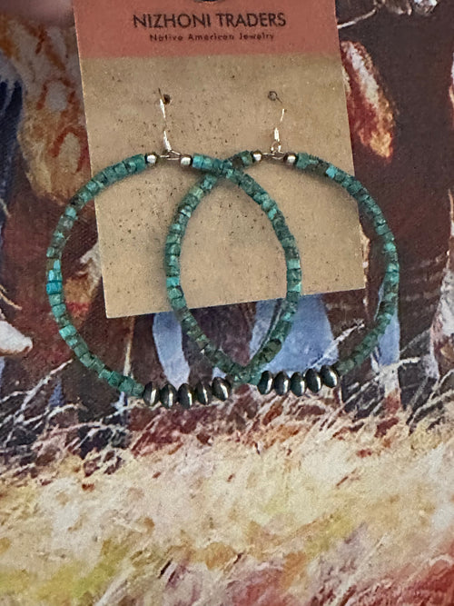 Navajo Sterling Silver and Royston Turquoise 2 inch Beaded Hoop Earrings