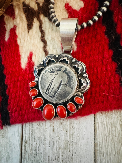 Handcrafted Sterling Silver and Coral Liberty Coin Pendant by Randy Boyd