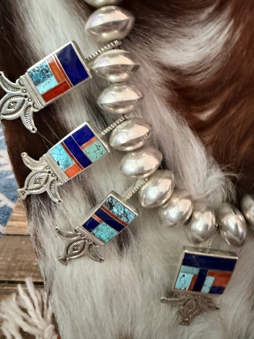 Handcrafted Sterling Silver & Multi Stone Inlay Beaded Necklace