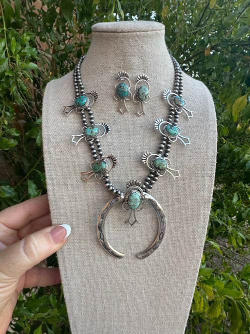 Handmade Sterling Silver, Number 8 Turquoise Squash Blossom Set