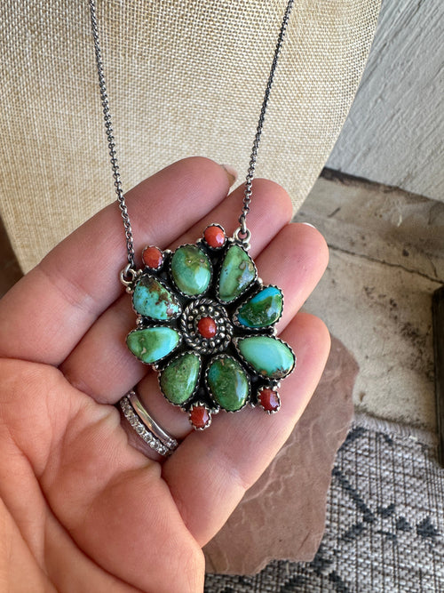 Beautiful Handmade Sterling Silver, Coral & Sonoran Turquoise Flower Cluster Necklace