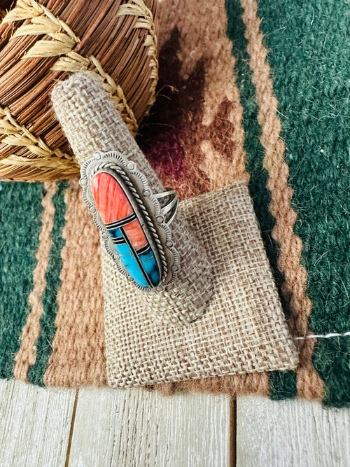 Old Pawn Handcrafted Multi Stone & Sterling Silver Inlay Ring Size 8.5