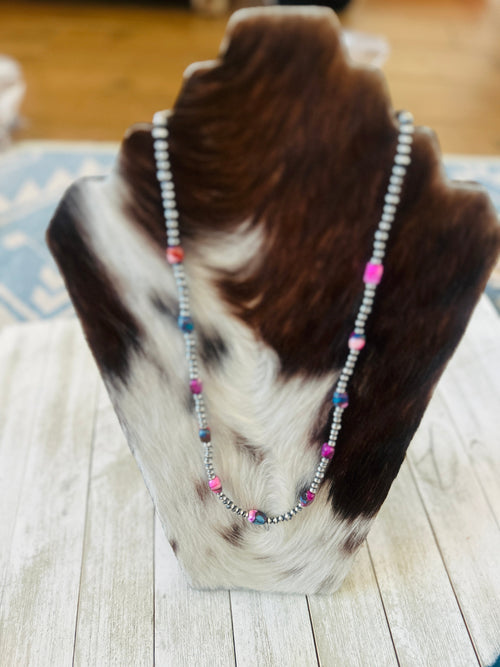 Navajo Sterling Silver & Pink Dream Mojave  Beaded 24” Necklace