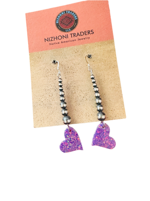 Summer Lovin’ Navajo Sterling Silver Pearl Beaded Opal Heart Dangle Earrings