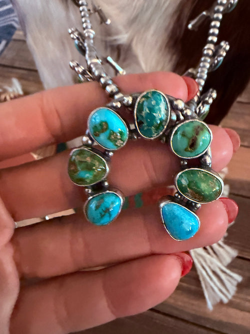 Handcrafted Sonoran Mountain Turquoise & Sterling Silver Squash Blossom Necklace and Earring Set
