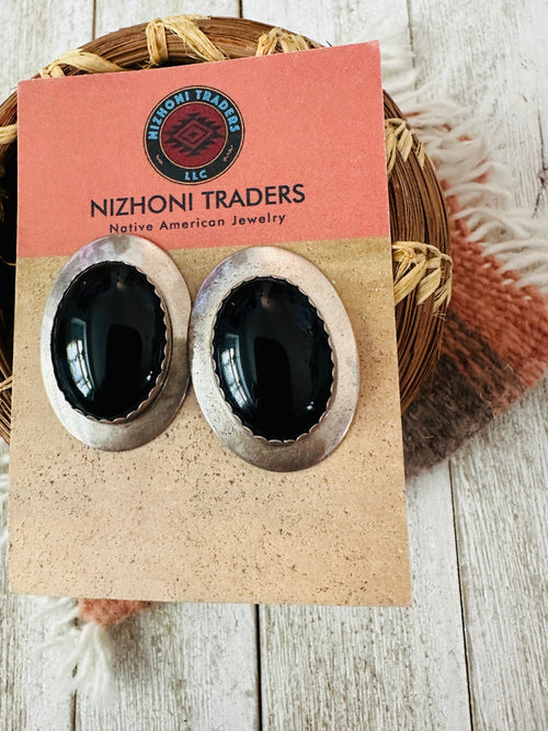 Old Pawn Navajo Sterling Silver & Black Onyx Post Earrings