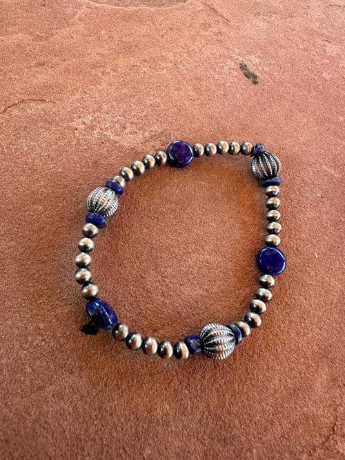 Handmade Lapis & Sterling Silver Beaded Stretch Bracelet