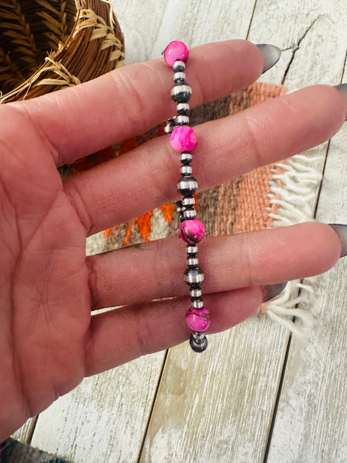 Navajo Pink Mojave and Sterling Silver Pearl Beaded Bracelet