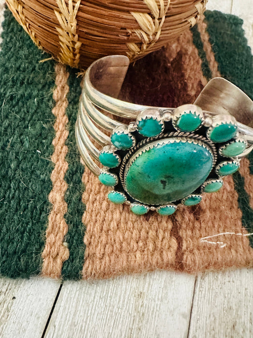 Old Pawn Navajo Turquoise & Sterling Silver Cluster Cuff Bracelet
