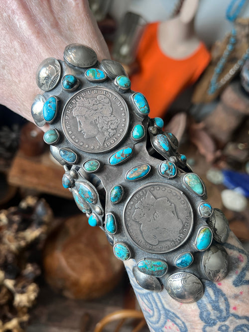 Insane Old Pawn Sterling Silver, Morgan Dollar, Buffalo Nickel and Turquoise Cuff Bracelet by Eric Drake