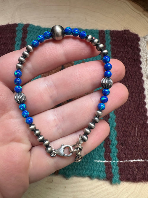 Handmade Sterling Silver, Blue Fire Opal Beaded Bracelet