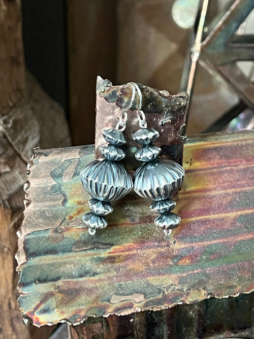 Navajo Sterling Silver Handcrafted Corrugated Bead Drop Dangle Earrings by Preston Haley