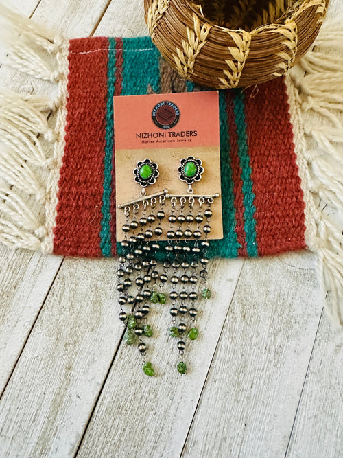 Navajo Green Turquoise & Sterling Silver Pearl Beaded Tassel Dangle Earrings