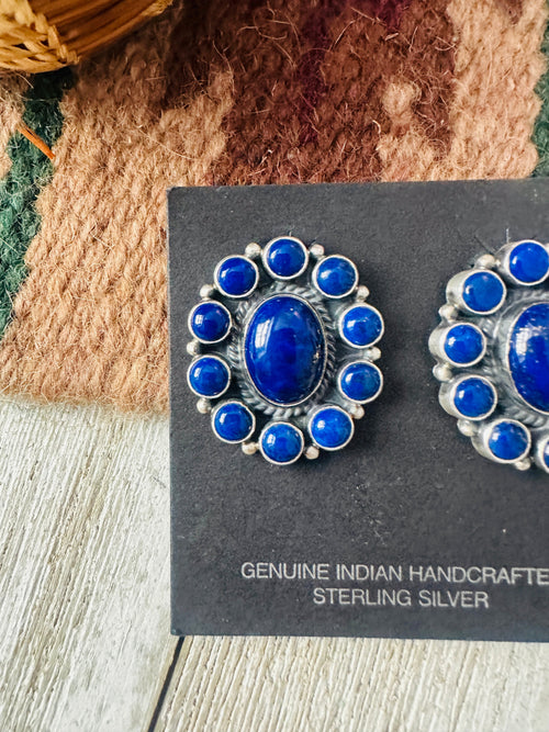 Old Pawn Navajo Lapis and Sterling Silver Cluster Clip On Earrings