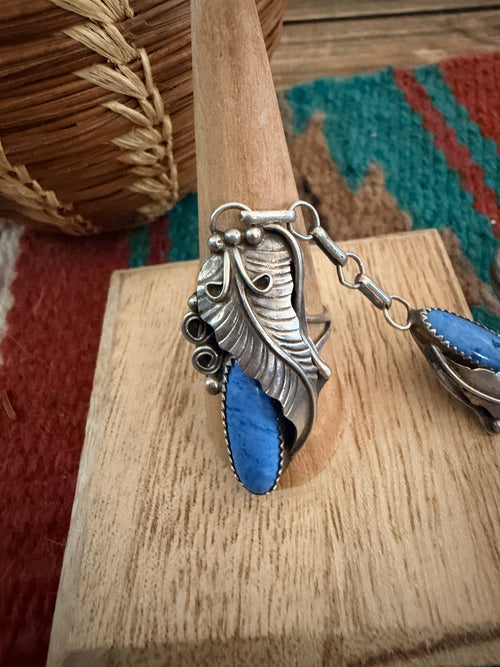 Handcrafted Old Pawn Lapis & Sterling Silver Cuff Bracelet with Hand Chain