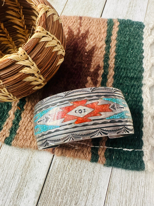 Old Pawn Navajo Coral, Turquoise & Sterling Silver Chip Inlay Cuff Bracelet