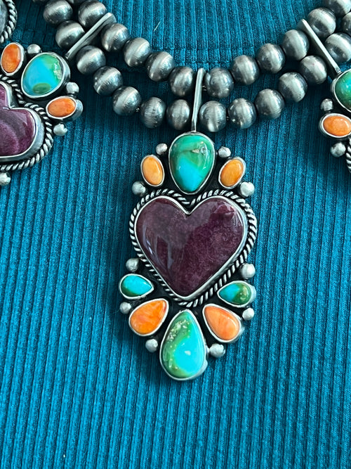 Navajo Made Sterling Silver Electric Rainbow Beaded Heart Cluster Necklace & Earrings Set by Angela Martin