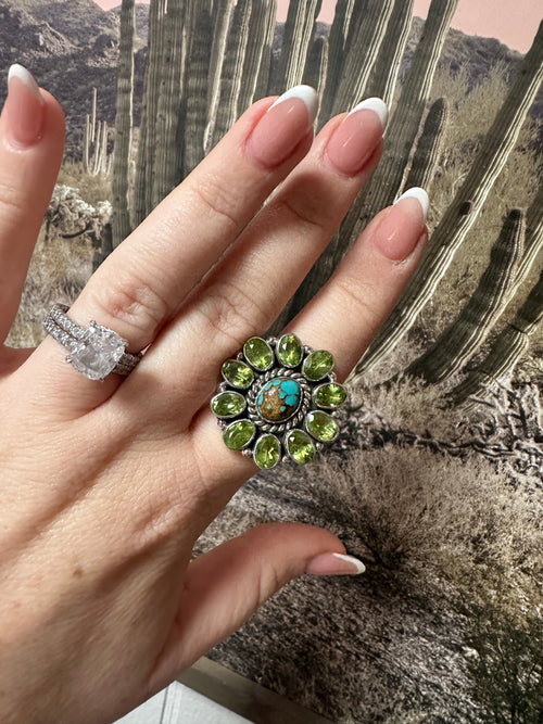 Handmade Sterling Silver, Number 8 Turquoise & Peridot Cluster Adjustable Ring