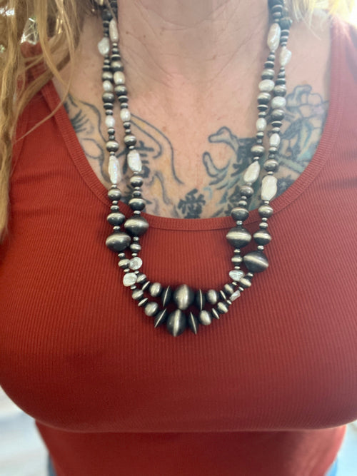 Navajo Sterling Silver and Freshwater Pearl Handmade Beaded Necklace by Rose Martin, 26 Inches